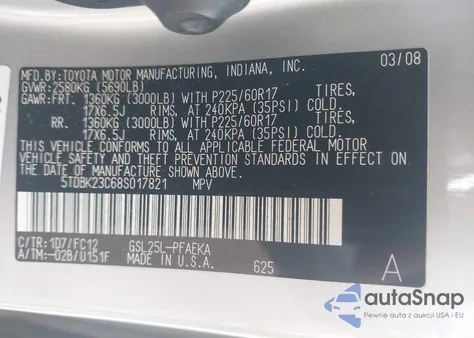 2008 Toyota Sienna Le from USA, damaged, VIN 5TDBK23C68S017821